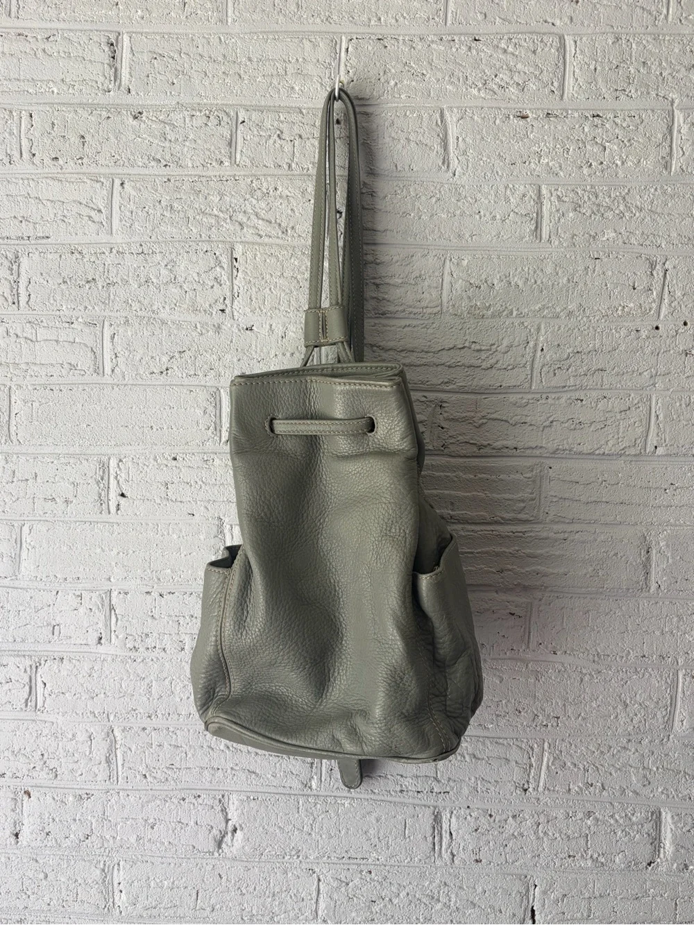 Gray/Green  Leather Backpack Tote - Minimal Drawstring Style
